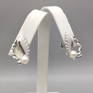 925 Sterling Silver A&Z Signed Genuine Pearl Feather Screw Back Earrings Vintage